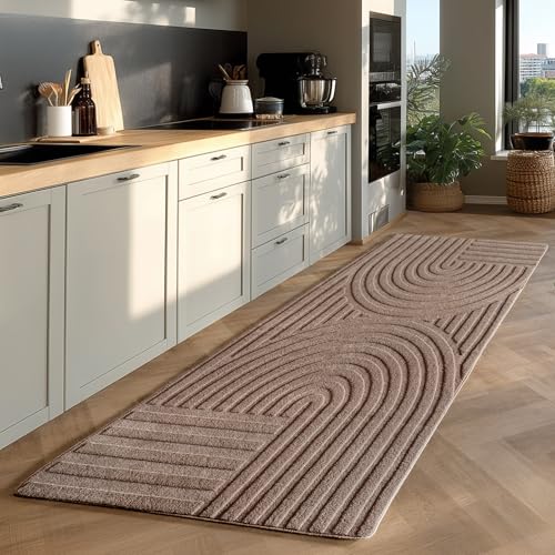 Jimri - Moderner kurzflor Teppich waschbar pflegeleicht ideal fürs Wohnzimmer, Schlafzimmer, Gästezimmer und Kinderzimmer Boho Skandi Design mit 3D Optik Hoch-Tief Effekt - 80x250 cm - Beige von Jimri