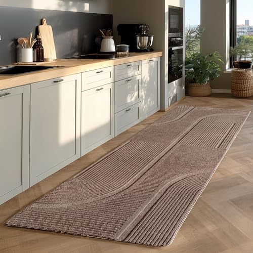 Jimri - Moderner kurzflor Teppich waschbar pflegeleicht ideal fürs Wohnzimmer, Schlafzimmer, Gästezimmer und Kinderzimmer Boho Skandi Design mit 3D Optik Hoch-Tief Effekt - 80x250 cm - Beige von Jimri