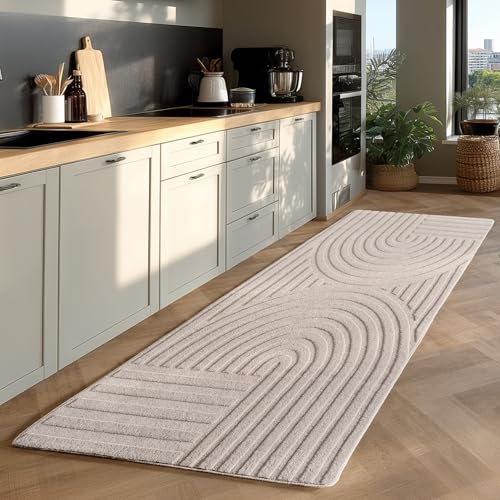 Jimri - Moderner kurzflor Teppich waschbar pflegeleicht ideal fürs Wohnzimmer, Schlafzimmer, Gästezimmer und Kinderzimmer Boho Skandi Design mit 3D Optik Hoch-Tief Effekt - 80x250 cm - Cream von Jimri