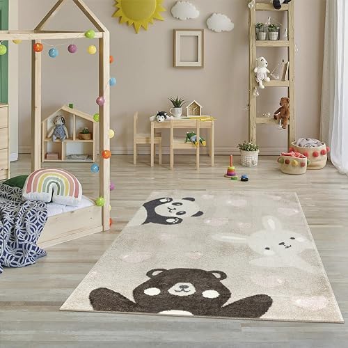 Jimri Teppich Kinderzimmer - Teppiche für Kinderzimmer, Kinderteppich, Kinderteppich Mädchen, Bär, Hase, Panda, Herz, (Beige, Größe: 120x170 cm) von Jimri