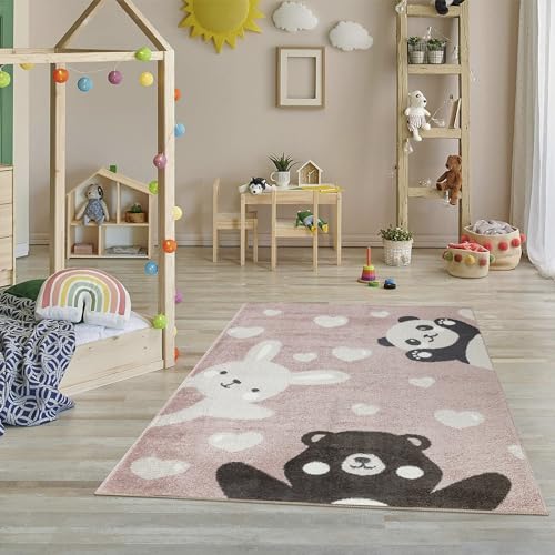 Jimri Teppich Kinderzimmer - Teppiche für Kinderzimmer, Kinderteppich, Kinderteppich Mädchen, Bär, Hase, Panda, Herz, (Hellrosa, Größe: 120x170 cm) von Jimri