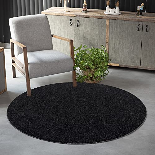 Jimri Teppich Läufer - Maschinengefertigter Kurzflor Läufer für Büro, Wohnzimmer, Schlafzimmer, Flur usw., Premium Polypropylen-Gewebe mit weicher Filzunterlage, Größe: 120 cm Rund, Anthrazit-Schwarz von Jimri