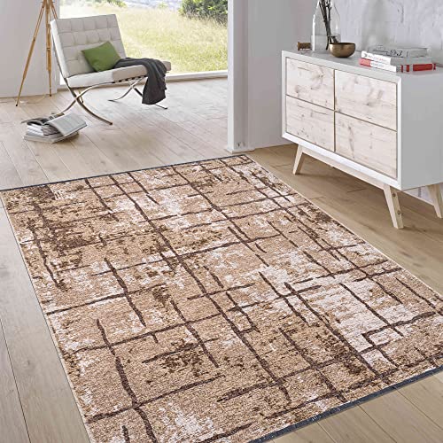 Jimri Kurzflor Wendeteppich - Flach gewebter Teppich für Schlafzimmer & Wohnzimmer, Eingang, Flur - Maschinengefertigt, weicher Polyester- & Baumwoll-Läufer - Streifen-Beige, Grösse : 150x230 cm von Jimri