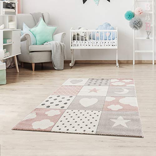 Kinderteppiche Patchwork Herz Sterne Wolke | Kinderteppich für Mädchen und Jungs | Teppich für Kinderzimmer | Farbe: Blau, Grau & Rosa | Schadstofffrei Kinderzimmerteppich,160x230 cm, Rosa von Jimri