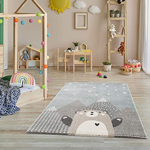 Teppich Kinderzimmer - Teppiche für Kinderzimmer, Kinderteppich Junge, Kinderteppich mit Bergen, Bär, Panda, Sterne, (Türkis-Beige, Größe: 80x150 cm) von Jimri