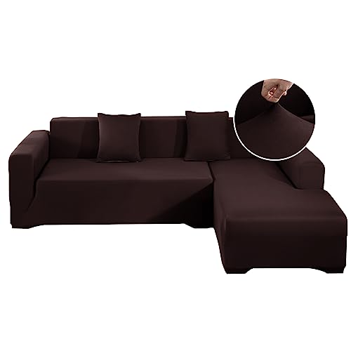 Jin Le Sofabezug l Form Sofabezug Ecksofa Couchbezug l Form Stretch (3-Sitz + 3-Sitz, Braun) Ecksofaüberwurf Waschbar Sofaüberwurf mit 2 Kissenbezüge + Anti-Rutsch-Schaumstoffe von Jin Le