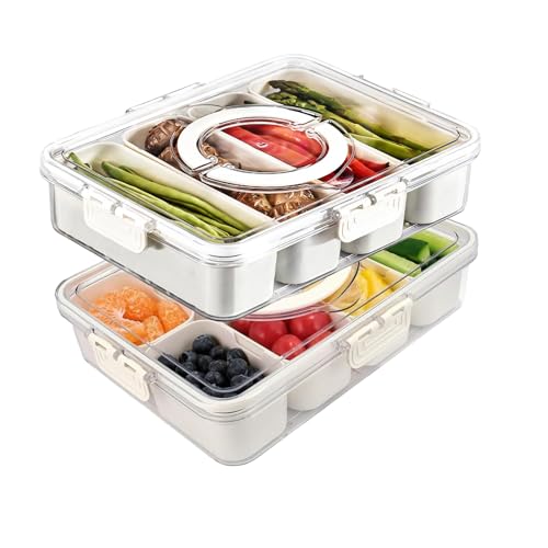 StüCk Snackbox Mit 8/4 FäChernn, Snack-Organizer Mit Deckel Und Griff, Einzelne FrüChte/NüSse/Cracker FüR Sandwiches Oder Salate, Verbesserte Version Des Fluffy Snack Packs (2 Stk,8A+4 Fächer) von JinDouer