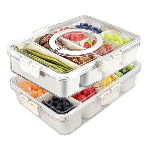 StüCk Snackbox Mit 8/4 FäChernn, Snack-Organizer Mit Deckel Und Griff, Einzelne FrüChte/NüSse/Cracker FüR Sandwiches Oder Salate, Verbesserte Version Des Fluffy Snack Packs (2Stck/8+6Fächer) von JinDouer