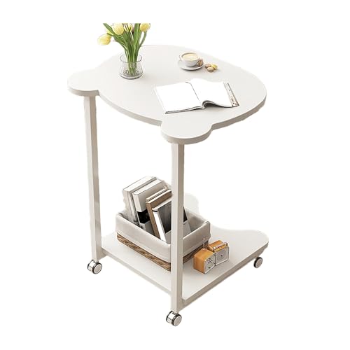 Beistelltisch C Form Mit 4 360°-Universalrollen, Beistelltisch Couch Mit Zwei Oberen Und Unteren Tischplatten In Bärenform, Zwei 60 cm Lange Eisenstützstangen, Weiß, Schwarz(A) von JinZao