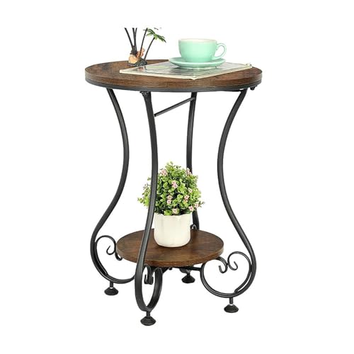 Beistelltisch Couch Im Industrie-Stil, Runder Couchtisch Klein, Schlafzimmer-Nachttisch, Stahlrahmenkonstruktion, Mit Zwei Holzplatten, Für Wohnzimmer(45X45X61CM) von JinZao