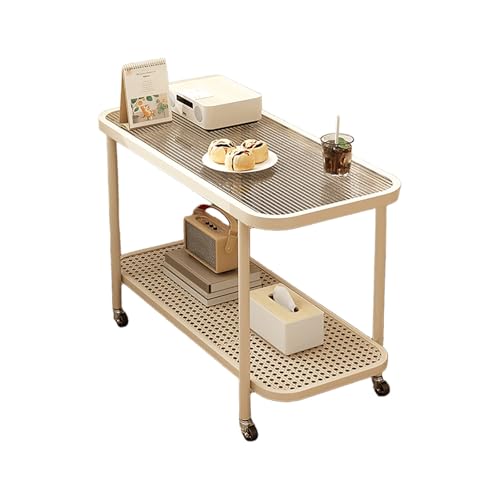 Beistelltisch Couch Mit Rollen, Cremeweißer, Bogenförmiger Couchtisch Klein, Nachttisch Wohnzimmer, Rahmen Aus Karbonstahl, Mit Gehärteter Glasplatte, Verschleißfest Und Kratzfest(B,60X40X51CM) von JinZao