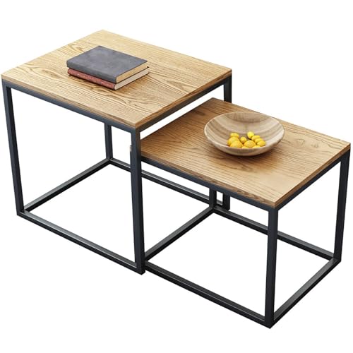 JinZao 2-Teiliger Metall-Beistelltisch Couch, Couchtisch Klein Im Industrie-Stil, Quadratischer Nachttisch, Braune Massivholzplatte Und Gestell Aus Karbonstahl, Für Schlafzimmer Und Wohnzimmer(A) von JinZao