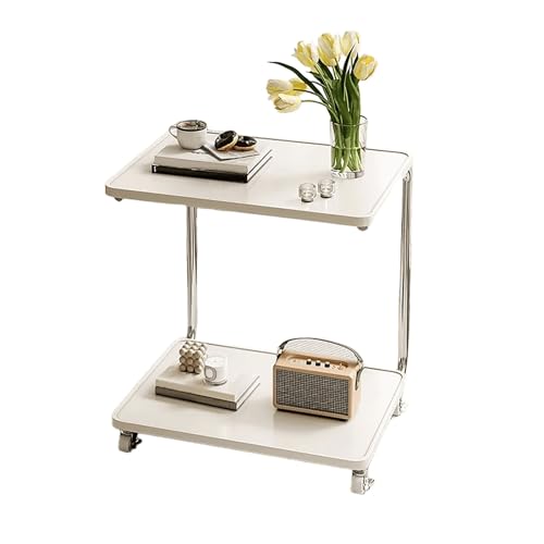 JinZao Beistelltisch C Form Mit Rollen, Beistelltisch Couch, Mit 2 Massivholztabletts, Stützstangen Aus Edelstahl, Für Schlafzimmer Und Wohnzimmer, Weiß, Schwarz Und Braun(A) von JinZao