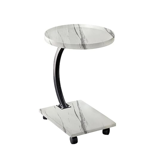 JinZao Beistelltisch C Form Mit Rollen, Doppeltes Holztablett Mit Marmorfurnierdekor, Beistelltisch Couch, Rundes Und Quadratisches Tablettdesign, Metallhalterung Aus Karbonstahl(B,A) von JinZao