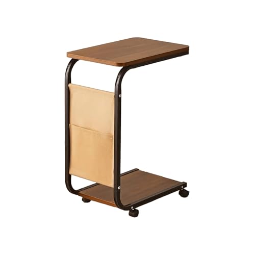 JinZao Beistelltisch C Form Mit Rollen, Holztablett Mit Doppelter Ablagefläche, Beistelltisch Couch Metall, Stofftaschen An Den Seiten Für Bücher Und Zeitschriften(A) von JinZao