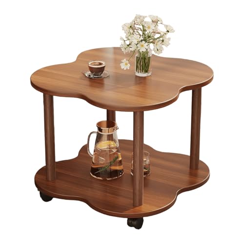 JinZao Beistelltisch Couch Mit Rollen, Couchtisch Rund Klein, Nachttisch Aus Holz, Holztischplatte Mit Doppelter Blütenblattform, Für Schlafzimmer Und Wohnzimmer, Braun, Weiß(A,60X60X48CM) von JinZao