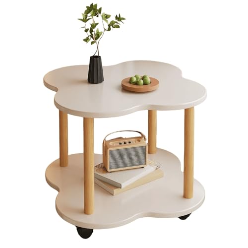 JinZao Beistelltisch Couch Mit Rollen, Couchtisch Rund Klein, Nachttisch Aus Holz, Holztischplatte Mit Doppelter Blütenblattform, Für Schlafzimmer Und Wohnzimmer, Braun, Weiß(C,50X50X48CM) von JinZao