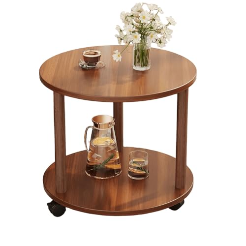 JinZao Beistelltisch Couch Mit Rollen, Couchtisch Rund Klein, Nachttisch Aus Holz, Mit Doppelschichtiger Holzplatte, Für Schlafzimmer Und Wohnzimmer, Braun, Weiß(A,50X50X48CM) von JinZao