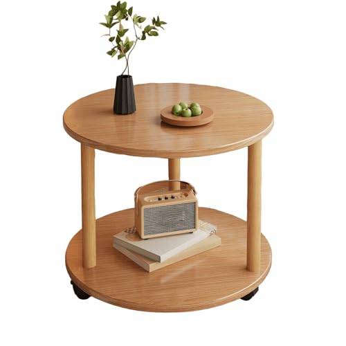 JinZao Beistelltisch Couch Mit Rollen, Couchtisch Rund Klein, Nachttisch Aus Holz, Mit Doppelschichtiger Holzplatte, Für Schlafzimmer Und Wohnzimmer, Braun, Weiß(B,50X50X48CM) von JinZao