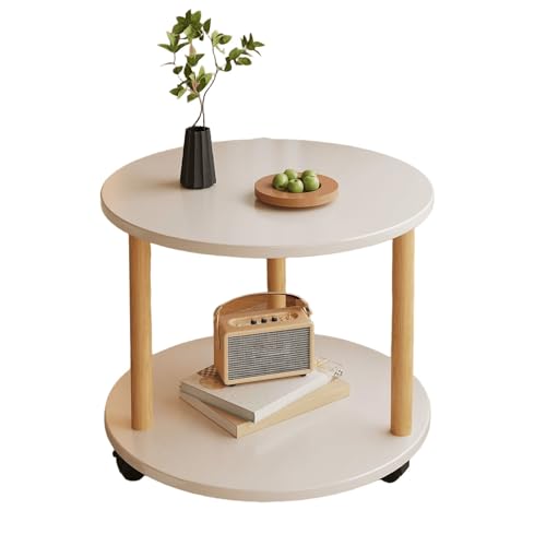 JinZao Beistelltisch Couch Mit Rollen, Couchtisch Rund Klein, Nachttisch Aus Holz, Mit Doppelschichtiger Holzplatte, Für Schlafzimmer Und Wohnzimmer, Braun, Weiß(C,50X50X48CM) von JinZao
