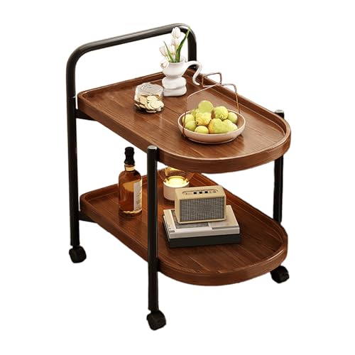 JinZao Beistelltisch Couch Mit Rollen, Moderner Geschwungener Couchtisch Klein, Nachttisch Wohnzimmer, Rahmen Aus Karbonstahl, Mit Zweischichtiger Holzplatte, Schwarz, Braun Und Weiß, 59x38x64cm(A,B) von JinZao