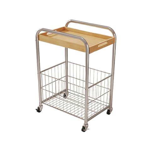 JinZao Beistelltisch Couch Mit Rollen, Quadratischer Couchtisch Klein Aus Metall, Nachttisch Wohnzimmer, Mit Abnehmbarem Holztablett, Mit Metallkorb An Der Unterseite(B) von JinZao