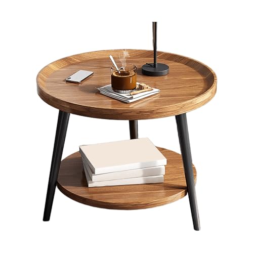 JinZao Brauner Wohnzimmer Beistelltisch Couch, Couchtisch Klein Runder, Schlafzimmer-Nachttisch Aus Holz, Mit 2 Tabletts, Kratzfest Und Wasserfest(40X40X48CM) von JinZao
