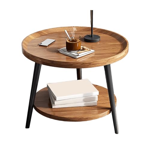 JinZao Brauner Wohnzimmer Beistelltisch Couch, Couchtisch Klein Runder, Schlafzimmer-Nachttisch Aus Holz, Mit 2 Tabletts, Kratzfest Und Wasserfest(60X60X48CM) von JinZao