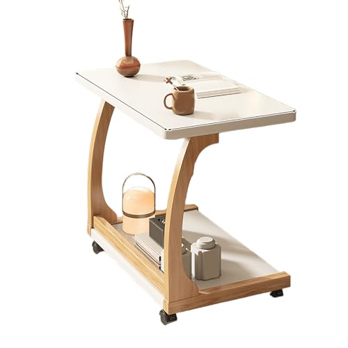 JinZao Moderner Beistelltisch C Form Aus Kautschukholz, Beistelltisch Couch Mit Rollen, Mit Doppelten Ablageflächen Oben Und Unten, Für Wohn- Und Schlafzimmer, Braun, Holzfarbe(A,60X40X65CM) von JinZao
