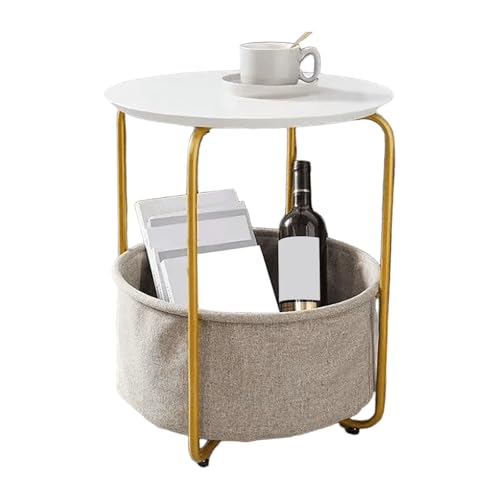 JinZao Moderner Runder Beistelltisch Couch, Weißer Couchtisch Runder Klein Aus Metall, Nachttisch, Mit Massivholzplatte Und Ablagekorb, Für Schlafzimmer, Wohnzimmer Und Balkon(B) von JinZao
