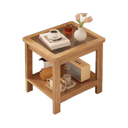 JinZao Quadratischer Beistelltisch Couch In Origineller Holzfarbe, Couchtisch Klein, Nachttisch Aus Kautschukholz, Mit Gehärteter Glasplatte, Hochtemperaturbeständig Und Verschleißfest(50X35X54CM) von JinZao
