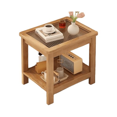 JinZao Quadratischer Beistelltisch Couch In Origineller Holzfarbe, Couchtisch Klein, Nachttisch Aus Kautschukholz, Mit Gehärteter Glasplatte, Hochtemperaturbeständig Und Verschleißfest(60X35X60CM) von JinZao