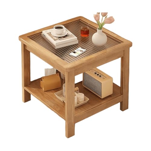 JinZao Quadratischer Beistelltisch Couch In Origineller Holzfarbe, Couchtisch Klein, Nachttisch Aus Kautschukholz, Mit Gehärteter Glasplatte, Hochtemperaturbeständig Und Verschleißfest(60X60X60CM) von JinZao