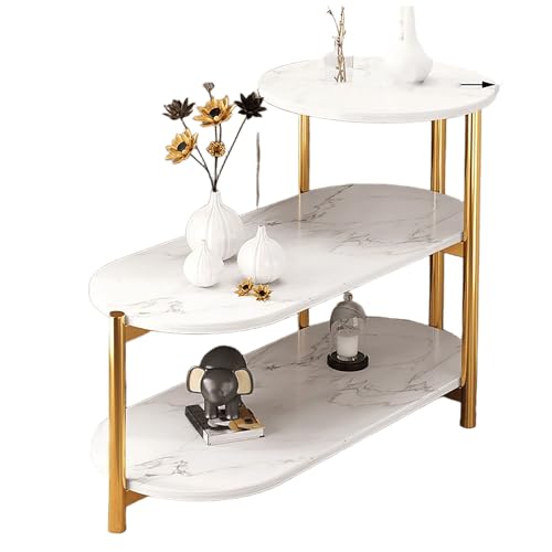 JinZao Weißer Moderner Beistelltisch Couch, Schwarzer Runder Couchtisch Klein, Nachttisch, Mit Dreischichtigem Holzregal, Tischplatte Mit Marmorfurnier, Mit 4 Beinen Aus Karbonstahl(B,65X30X62CM) von JinZao