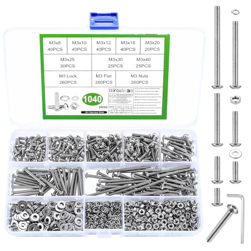 1040 Stk M3 Schrauben Set, Linsenkopf Innensechskantschrauben Muttern Set, Linsenkopfschrauben mit Muttern Set, Maschinenschrauben Sortiment, Gewindeschrauben und Muttern mit Unterlegscheiben Set von JinZeYou