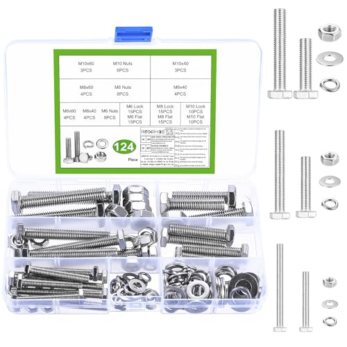 124 Stück M6 M8 M10 Schrauben Set, Sechskantschrauben Muttern Set, Maschinenschrauben Sortiment, Edelstahl Gewindeschrauben mit Muttern mit Unterlegscheiben Set zur Reparatur von JinZeYou