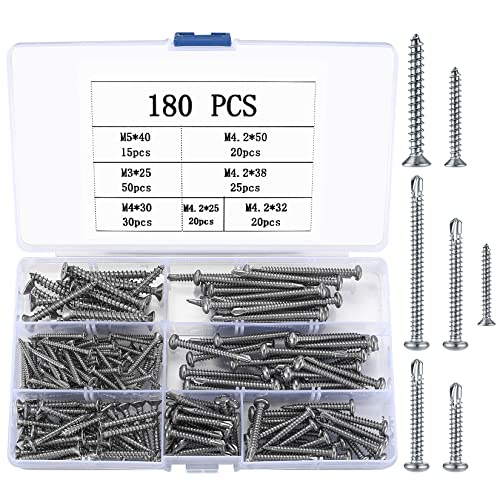 180 Stk Selbstschneidende Schrauben, inklusive 85 Stk M4,2 Bohrschrauben, 95 Stk M3/M4/M5 Flachkopf Kreuzschlitzschrauben, Edelstahl Selbstbohrende Schnellbauschrauben von JinZeYou