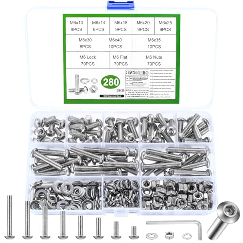 280 Stk M6 Schrauben Set, Linsenkopf Innensechskantschrauben Muttern Set, Linsenkopfschrauben mit Muttern Set, Maschinenschrauben Sortiment, Gewindeschrauben und Muttern mit Unterlegscheiben Set von JinZeYou