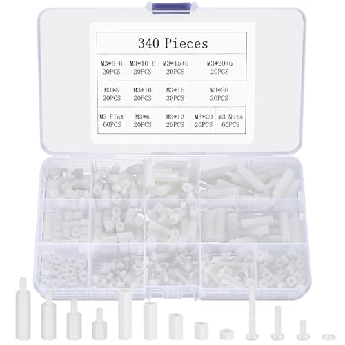 340 Stk M3 Schrauben Set, Kunststoff Schrauben und Muttern Set mit Unterlegscheiben, Weiß Nylon Rundkopfschrauben Muttern Set, metrische Innensechskantschrauben Set mit Nylon Abstandshalter von JinZeYou