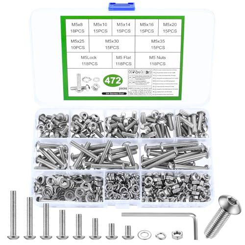 472 Stk M5 Schrauben Set, Linsenkopf Innensechskantschrauben Muttern Set, Linsenkopfschrauben mit Muttern Set, Maschinenschrauben Sortiment, Gewindeschrauben und Muttern mit Unterlegscheiben Set von JinZeYou
