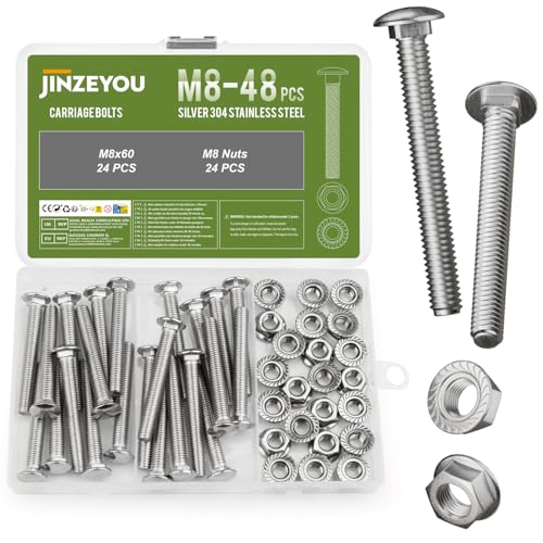 48 Stück Schlossschrauben M8 x 60mm, Edelstahl Torbandschrauben mit Sechskant Flanschmuttern, Flachrundkopfschrauben mit Vierkantansatz, Flachrundkopf Schloßschrauben mit Muttern Set von JinZeYou