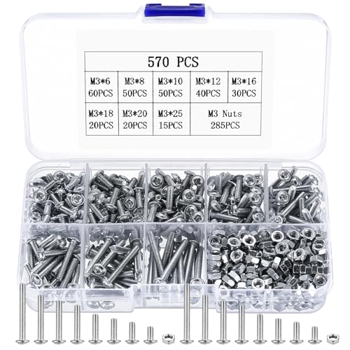 570 Stück M3 Schrauben Set, Scheibenkopschrauben Muttern Set, Linsenkopfschrauben und Muttern Set, Maschinenschrauben Sortiment, Gewindeschraubenset, Kreuzschlitzschrauben mit Muttern Set von JinZeYou
