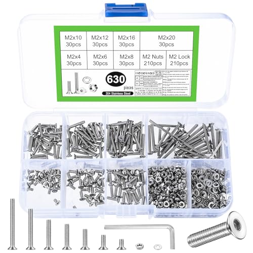 630 Stk M2 Schrauben Set, Senkkopfschrauben Muttern Set, Edelstahl Innensechskant Schrauben mit Muttern Sets, Flachkopf Innensechskantschrauben und Unterlegscheiben Kit (silbrig) von JinZeYou
