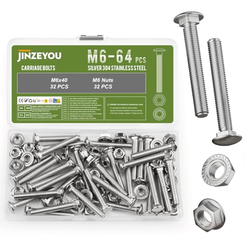 64 Stück Schlossschrauben M6 x 40mm, Edelstahl Torbandschrauben mit Sechskant Flanschmuttern, Flachrundkopfschrauben mit Vierkantansatz, Flachrundkopf Schloßschrauben mit Muttern Set(M6) von JinZeYou