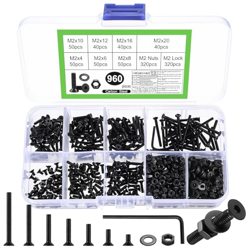 960 Stk M2 Schrauben Set, Senkkopfschrauben Muttern Set, schwarz Innensechskant Schrauben mit Muttern Sets, Flachkopf Innensechskantschrauben und Unterlegscheiben Kit, Maschinenschrauben Sortiment 960 Stk M2 Schrauben Set, Senkkopfschrauben Muttern Set, schwarz Innensechskant Schrauben mit Muttern Sets, Flachkopf Innensechskantschrauben und Unterlegscheiben Kit, Maschinenschrauben Sortiment von JinZeYou