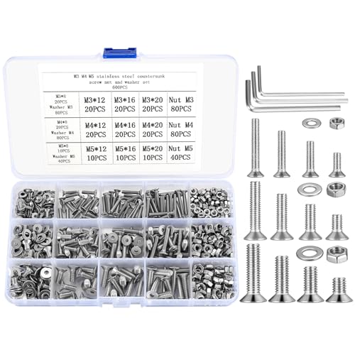 Senkkopfschrauben und Muttern und Unterlegscheiben Set, 600 Stk M3 M4 M5 Flachkopfschrauben Innensechskant Schrauben Gewindeschrauben mit Muttern und Unterlegscheiben Sortiment Kit von JinZeYou