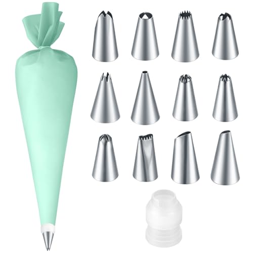 Spritzbeutel mit Tüllen Set, Spritzbeutel Tüllen Set Groß: 12 Spritztüllen-Aufsatz Set, Edelstahl Tüllen für Spritzbeutel Set, Spritztülle für Cupcakes Kuchen Torten Dekoration, mit Verbinder von JinZeYou
