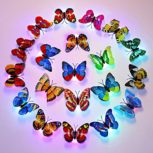 (Packung mit 24 Stück) 3D Bunt Schmetterling Wanddeko Licht, Flash LED Deko Beleuchtung Nachtlicht, Glasfaser-Schmetterling für Kinderzimmer Schlafzimmer Wanddekoration von jindaaudio