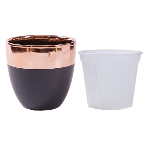 Jinfa 1 Keramik Übertopf schwarz und roségold + 1 transparenten Blumentopf-Einsatz mit Abflusslöchern aus Kunststoff von Jinfa