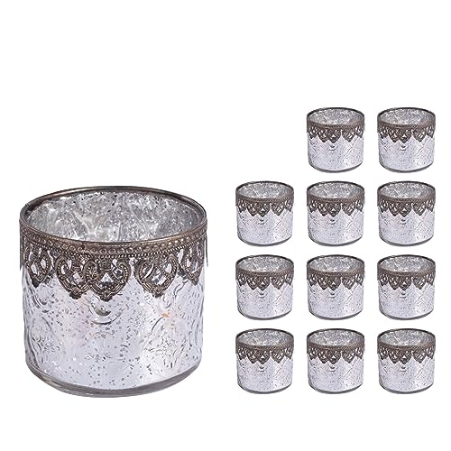 Jinfa 12er-Set Teelichthalter Silber Kerzenhalter Windlicht Glas Kerzengläser Teelichtgläser Weihnachtsdeko Innen Geschenke für Frauen - Zylindrische Form Ø10cm x h9cm von Jinfa